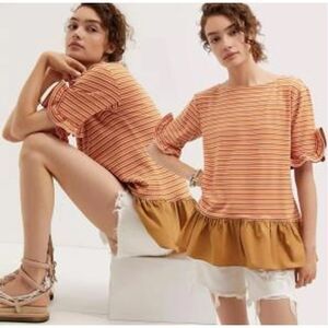 Maeve Anthropologie Ruffled Peplum Stripe Short Sleeve Top Blouse XS